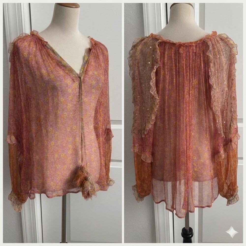 MISS JUNE PARIS Boho Floral Chiffon Blouse Top Pink Orange Sequin Tassel OS‎